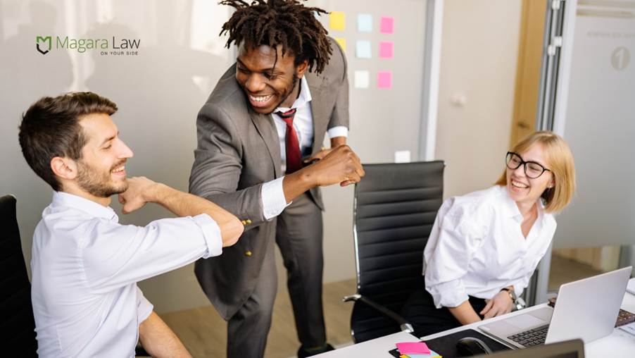 People joining in with workplace banter.