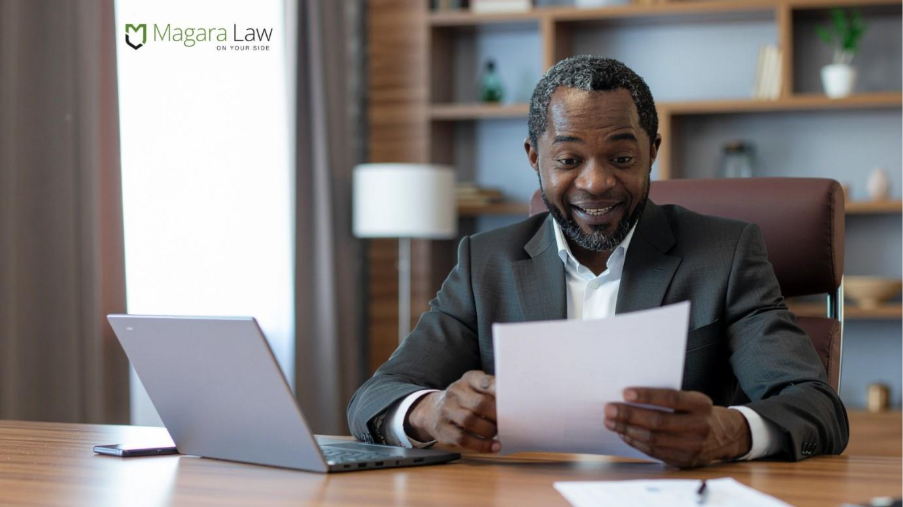 A business leader reviewing workplace policy documents.