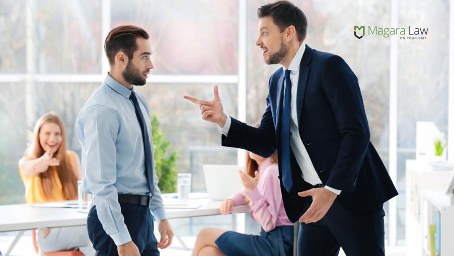 A male boss shouting at a male employee in a way that could be construed as harassment and discrimination.