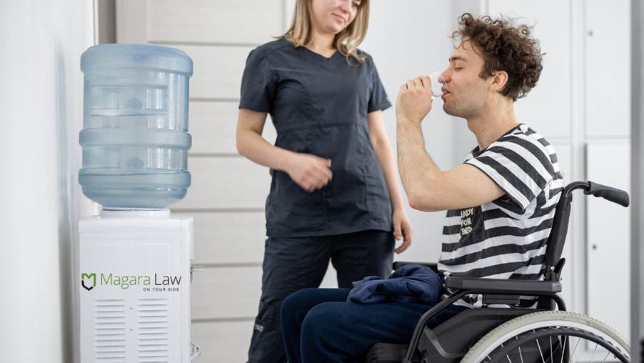 An employee with a disability hydrating amid a heatwave at work.