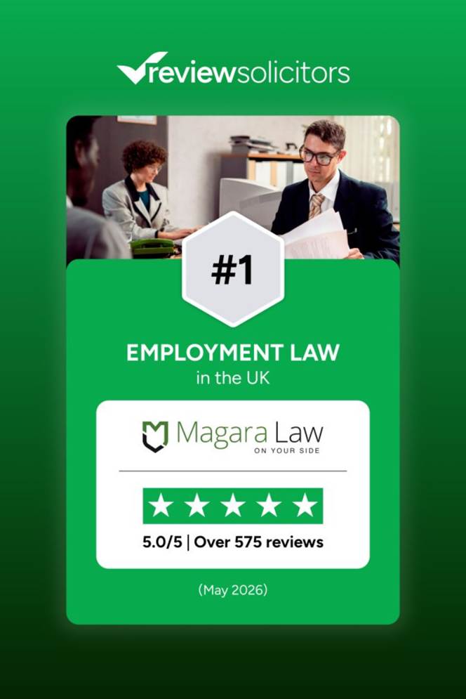 An official badge confirming Magara Law as one of the UK’s leading employment law firms as recognised by ReviewSolicitors.