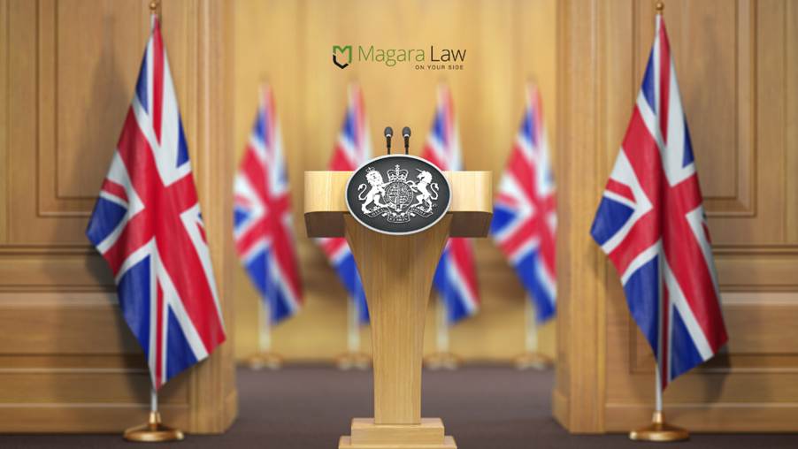UK government podium as Keir Starmer's resignation is confirmed.