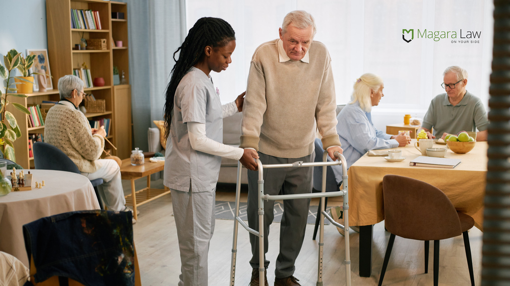 A black woman at work in an assisted living accommodation fighting against racial harassment at work.